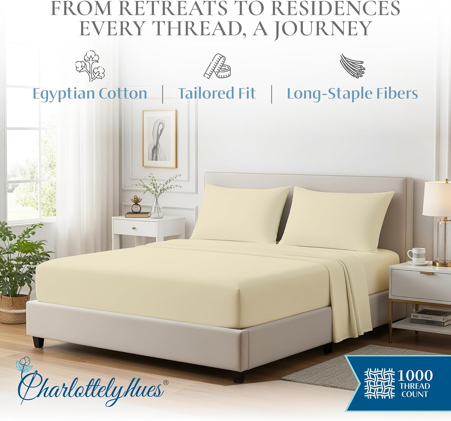 Charlotte 1000 Thread Count Sheet Set 4 Piece 100% Egyptian Cotton Hotel Luxury Breathable Soft Snug Fit Sateen Finish Bed Sheets Fits Upto 18" Mattress (Ivory, King)