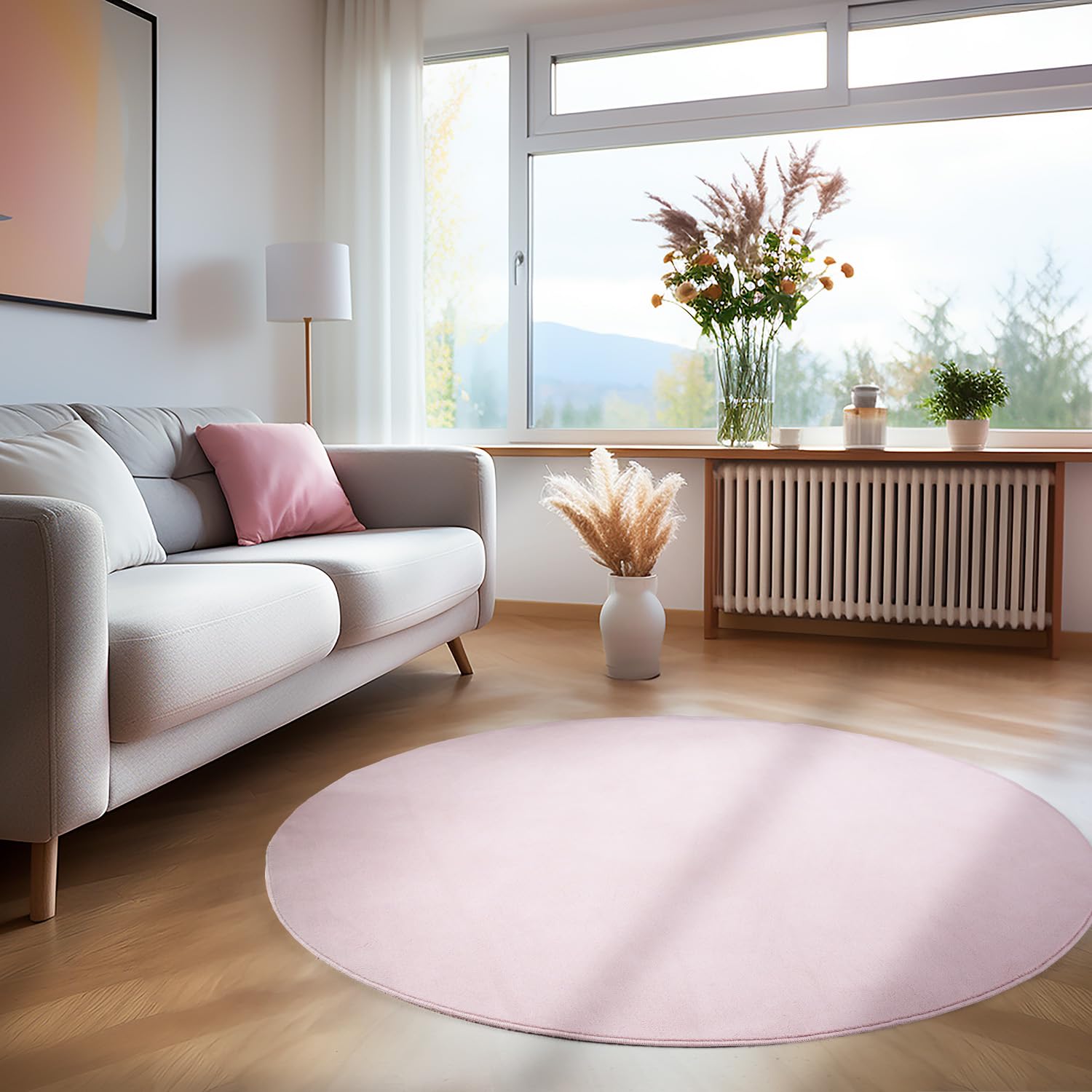 Teppium rutschfest Kurzflor Teppich Wohnzimmer 160 cm Rund Rosa - Waschbarer und Flauschiger Teppich Extra Weich - Modern Einfarbig Teppich für Schlafzimmer, Kinderzimmer, Esszimmer und Küche