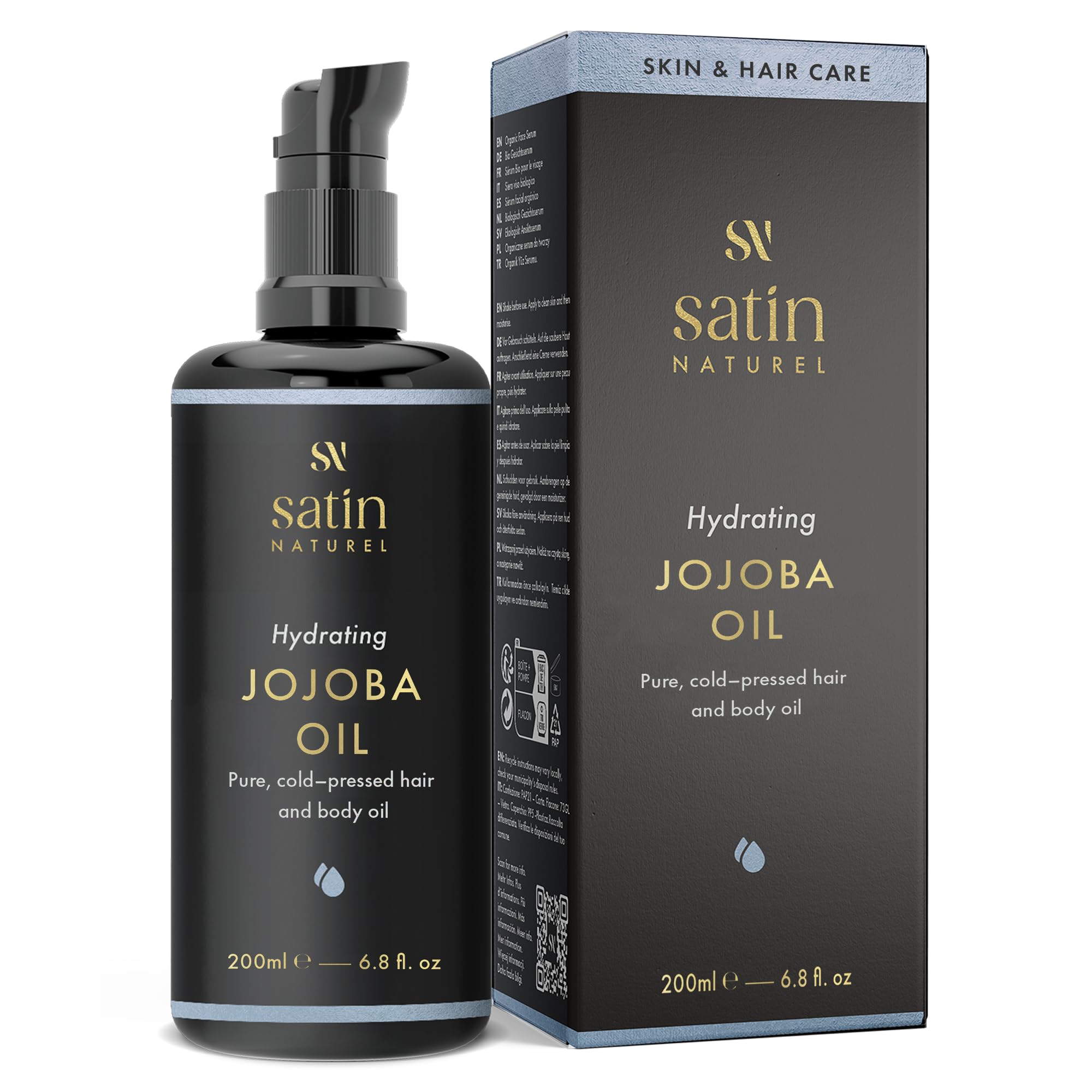 Organiczny olej jojoba wegański, na zimno + 100% czysty - 200 ml światła szklana butelka - pielęgnacja skóry bogata w witaminę E dla miękkiej skóry i włosów i zdrowych paznokci - naturalne kosmetyki Satin Naturel