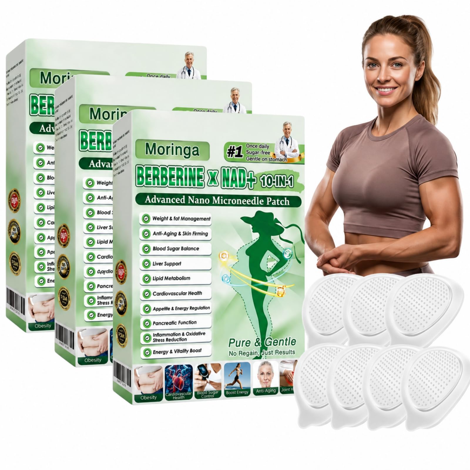 Moringa Berberin x NAD+ Lot de 7 Patchs Minceur Naturels à Micro-Aiguilles, Berberine Perte de Poids, Soin Corporel Pour Routine Silhouette et Bien-Être (3 PCS)