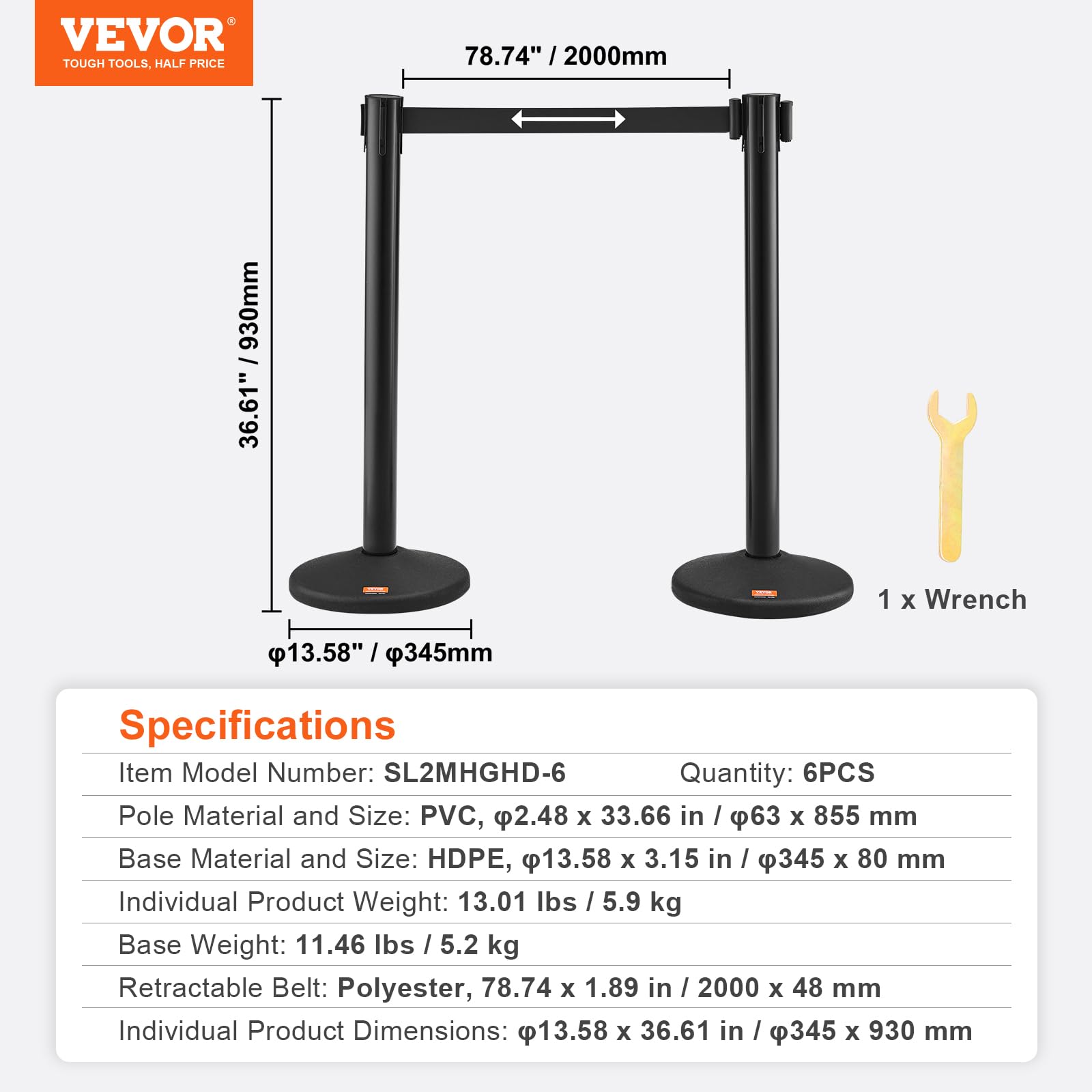 VEVOR Poste Guía 8 Piezas 93 cm Barrera de Marcado para Control de Multitudes con Cinturón Retráctil 200 cm para Separación de Cola de Demarcación en Escuelas Públicas Teatro Hotel Exposición, Negro