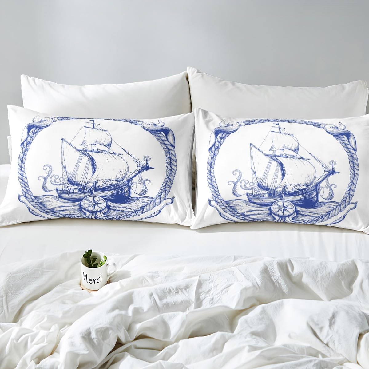 Sailboat Bedding Set Nautical Decor Duvet Cover Twin Size Blue Retro Sailboat Bedding Soft Duvet Cover Compass Anchor Pattern Decor Comforter Cover Soft Breathable Quilt Cover for Adult Teens Kids