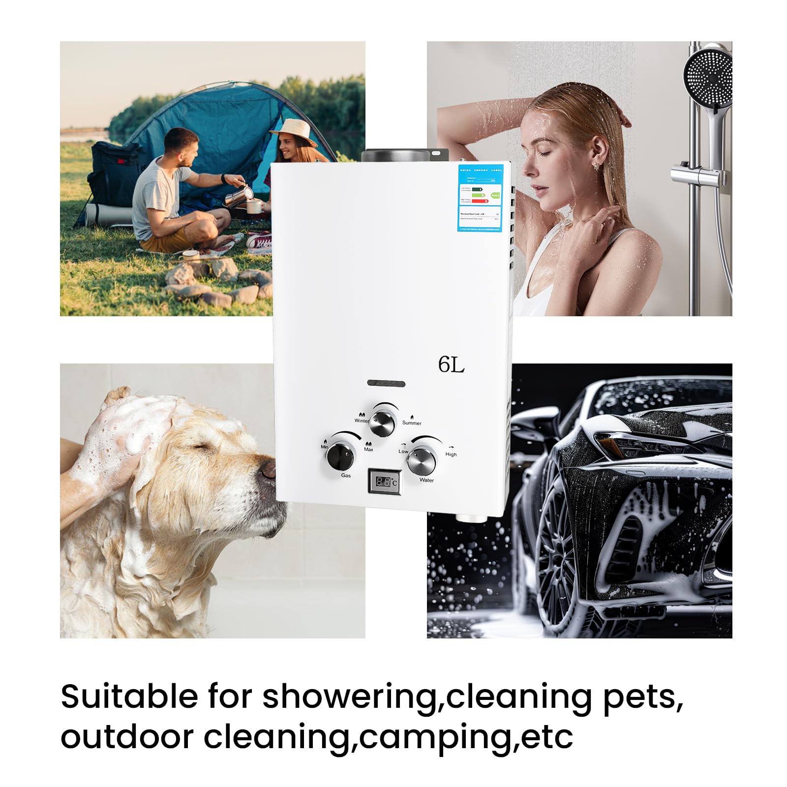 Calentador de Agua de Gas,6 L Calentador de Agua Butano Instantáneo | Pantalla LED,Modo Invierno y Verano Ajustables,2800 Pa,12 KW,Adecuado Para el Hogar, Vehículos Recreativos y Exteriores
