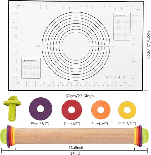 Miniatura 10 de Rodillo con anillos de grosor y tapete para hornear pastelería, rodillo de madera ajustable de 13.6 pulgadas para hornear galletas y pizza, viene