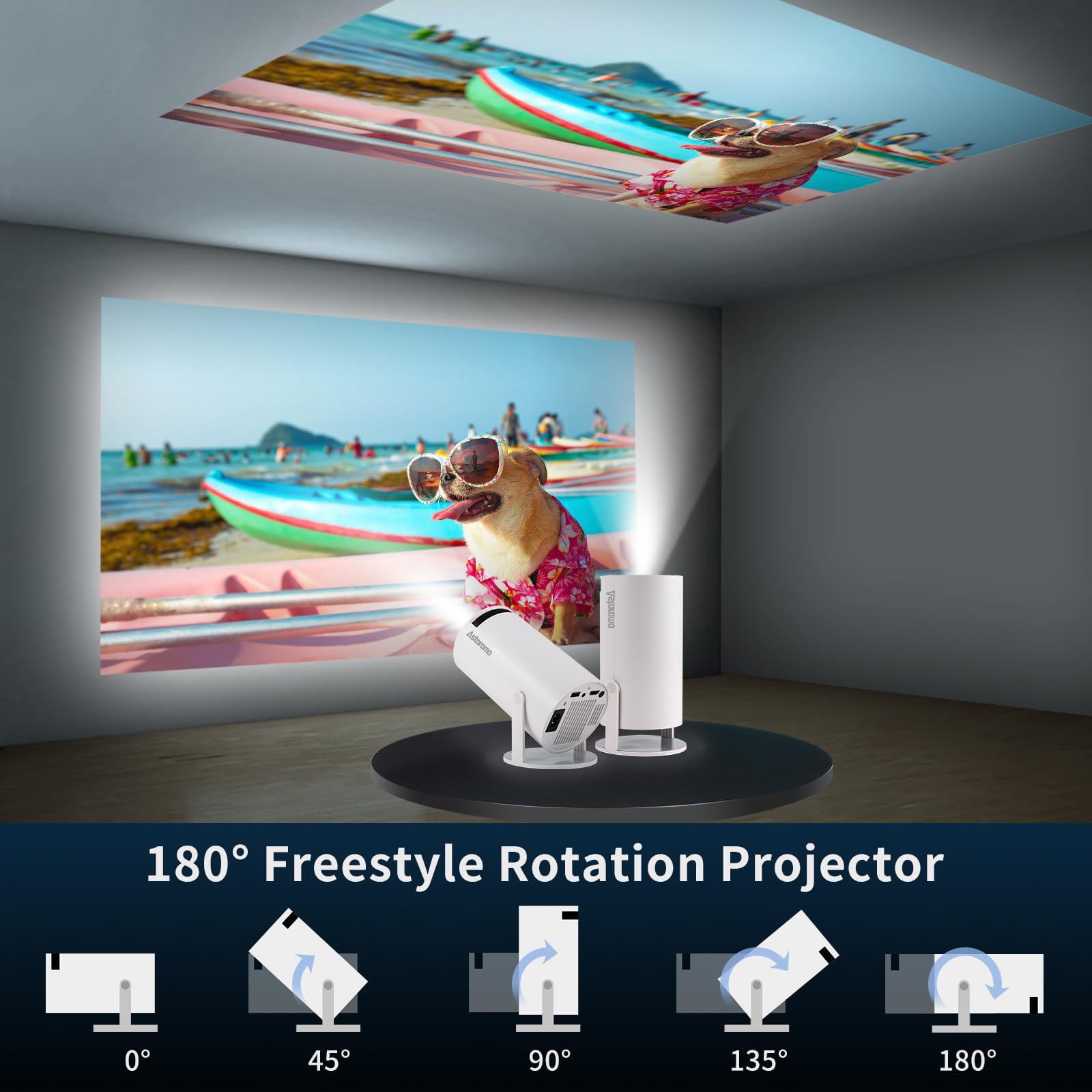 Mini Proiettore, 4K Videoproiettore Full HD, Proiettore Portatile Correzione Trapezoidale Automatica, 2.4/5G WiFi Bluetooth 5.0, Android 11.0, Schermo da 130”,Rotazione di 180 Gradi