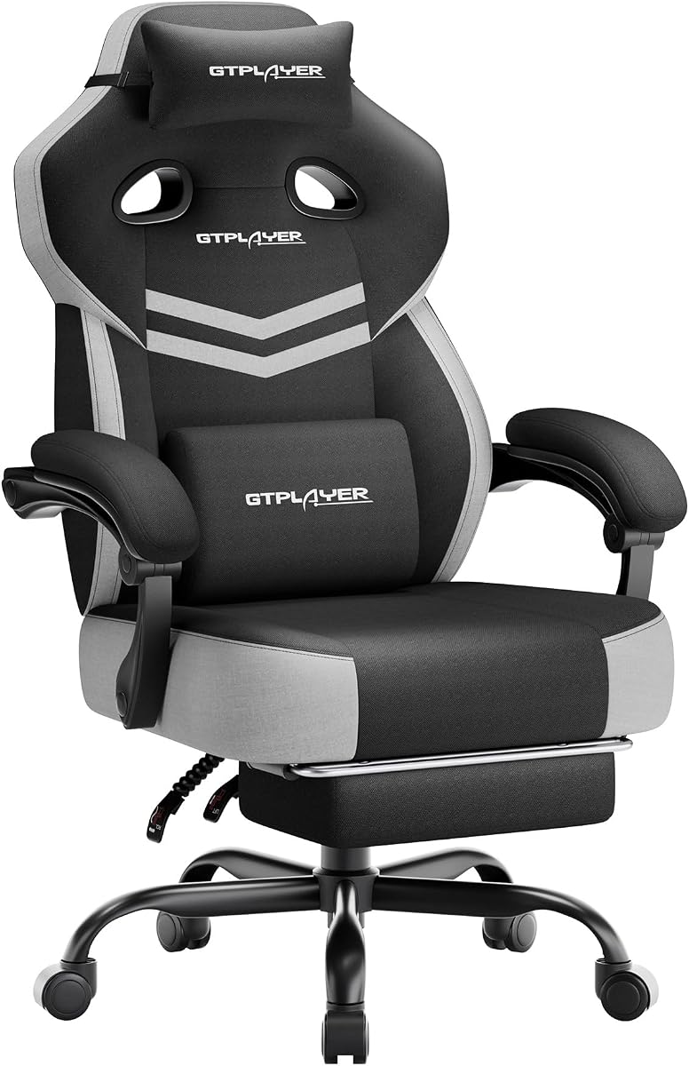 Big & Tall Gaming Chair, Wide Seat with Footrest, Black & Gray | Ergonomic High Back Computer Desk Chair for Adults, Comfort Padded Seat with Lumbar Support Armrests Recliner for Office/Home