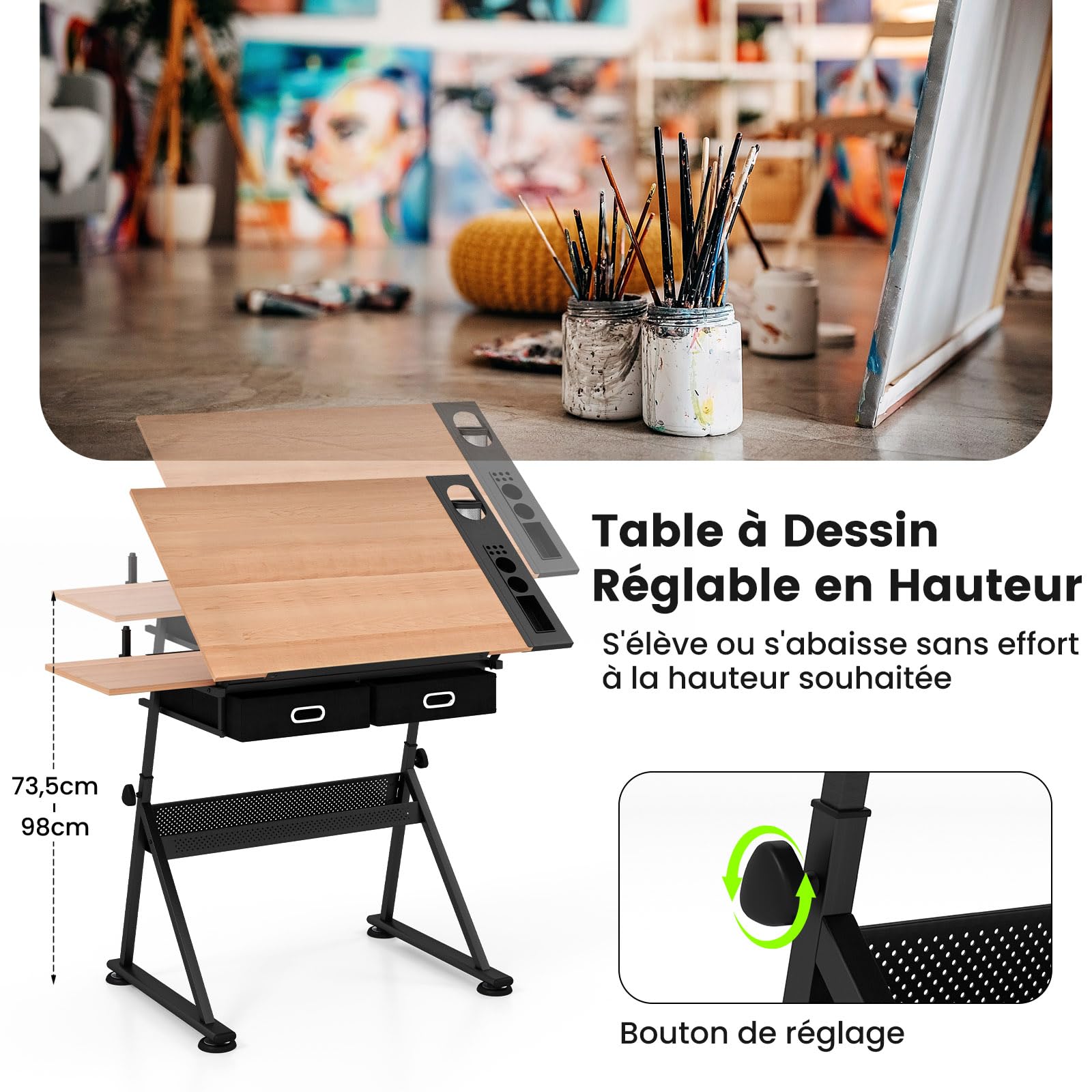 COSTWAY Table à Dessin Inclinable, Bureau à Dessin avec Tabouret, 2 Grands Tiroirs, Porte-Stylo, Hauteur Réglable, pour Peinture, 61,5 x 119 x (73,5-98) cm, Noir + Naturel