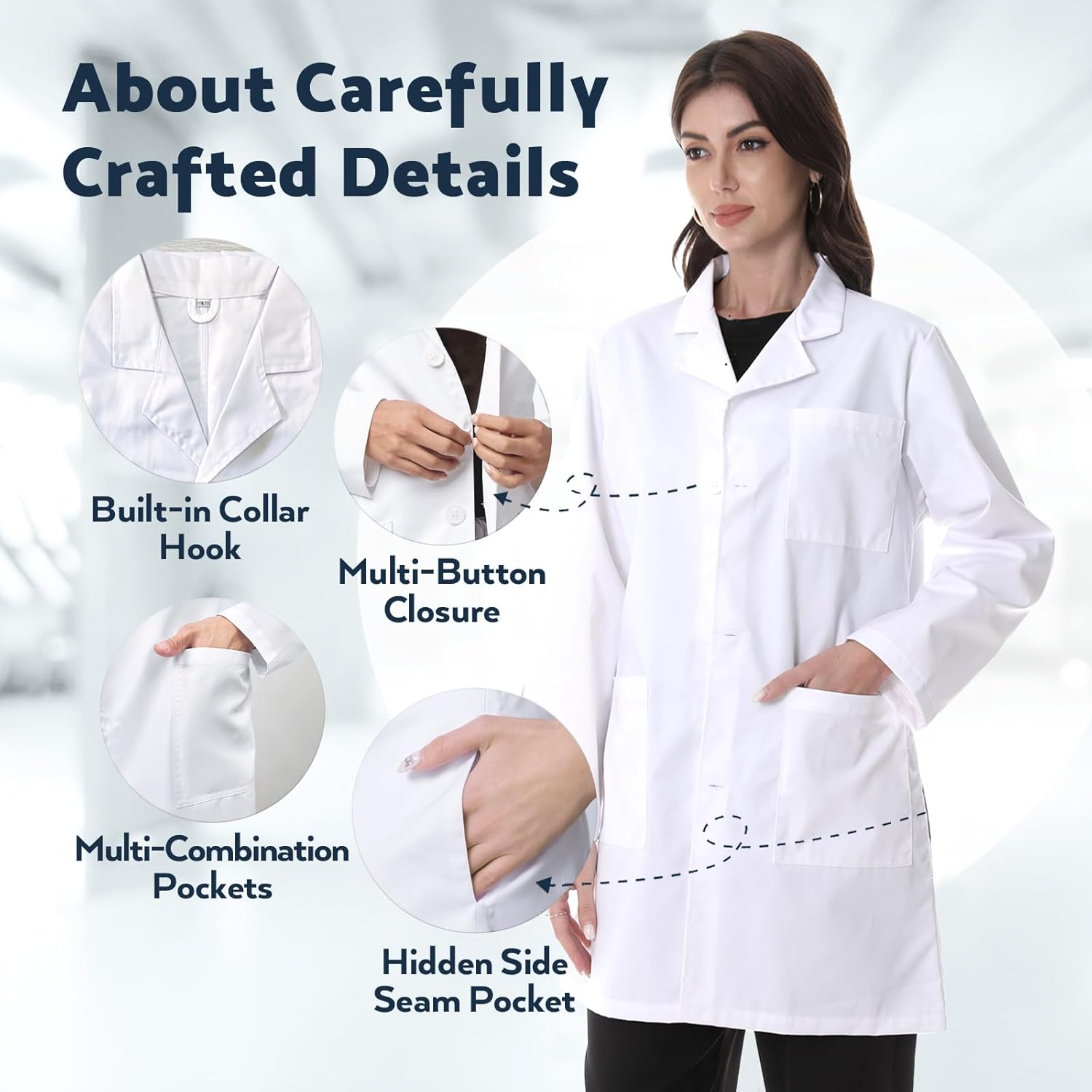 Greenour Professional Lab Coat for Women Long Sleeve White Medical Coat Uniform with 3 Pockets, Size XS-XL - Image 2
