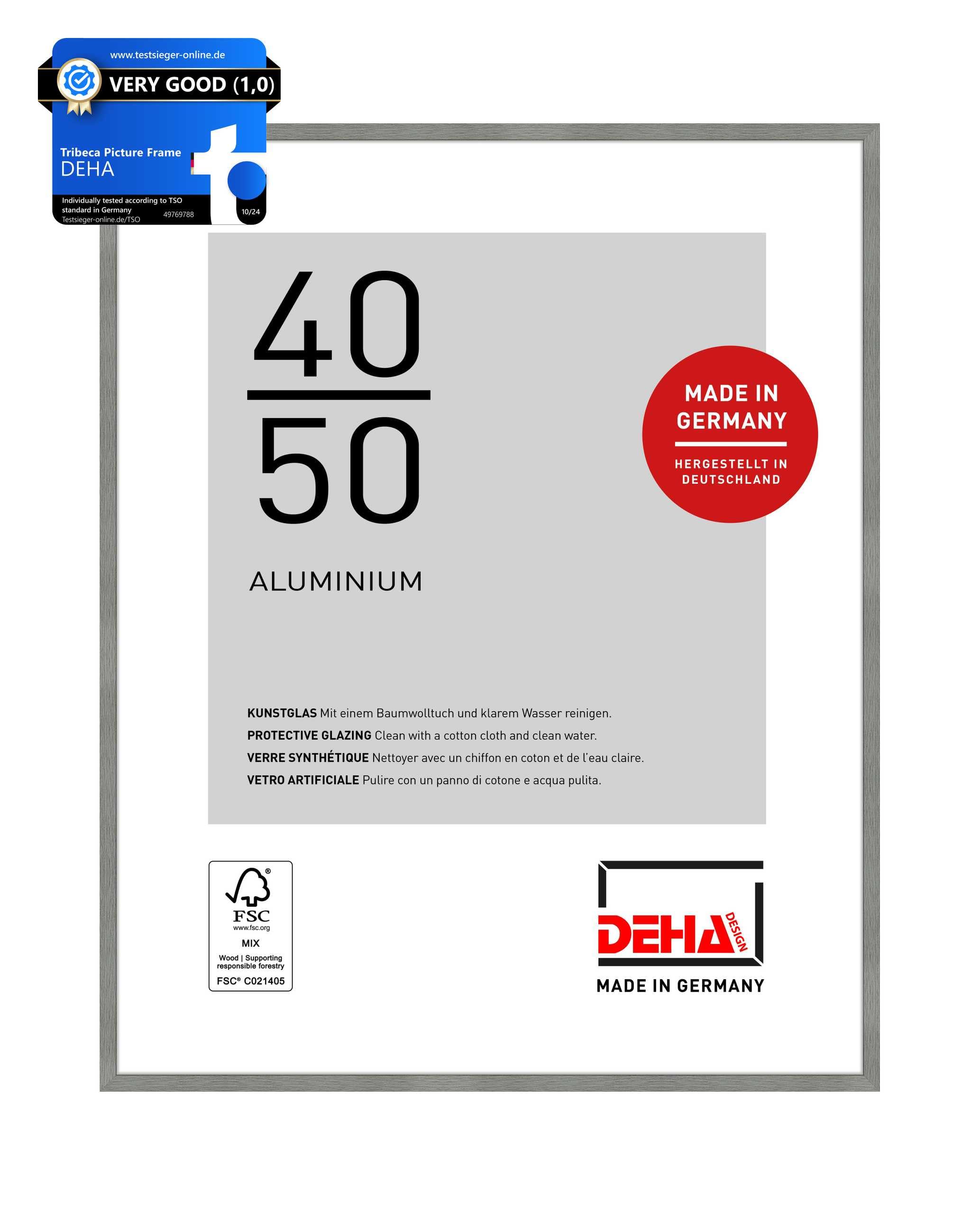 Deha Design Brushed Frosted Grey Tribeca Aluminium Picture Frame - 40X50 cm – Brushed Grey - With Synthetic Glass And Push/Turn Clips