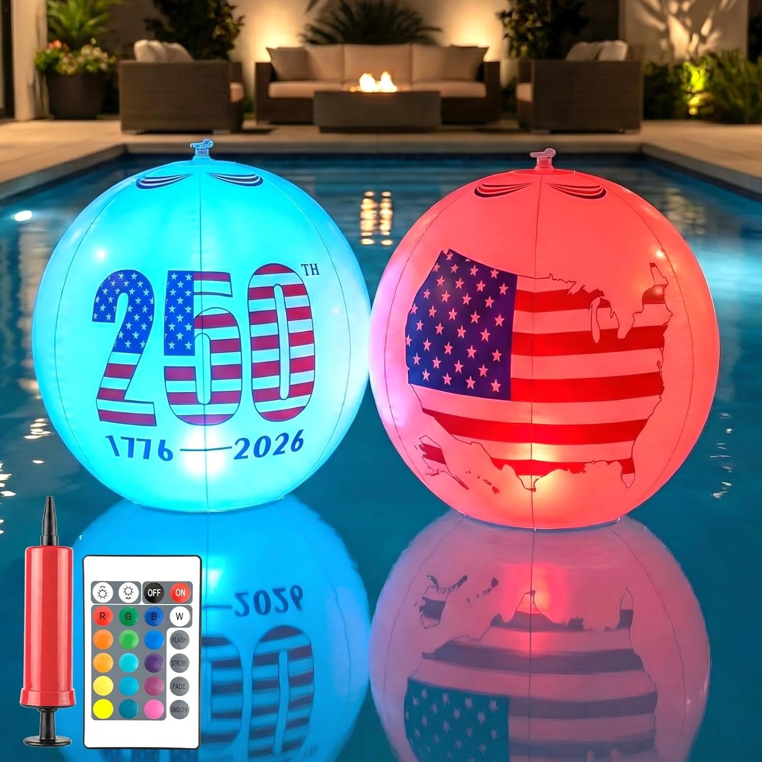 USA 250th Anniversary Solar Floating Pool Lights 16", 2 Pack Inflatable Glow Balls with Remote, 12 Color Changing Outdoor Waterproof Pond Lights for Memorial Day July 4th Backyard Party Decorations