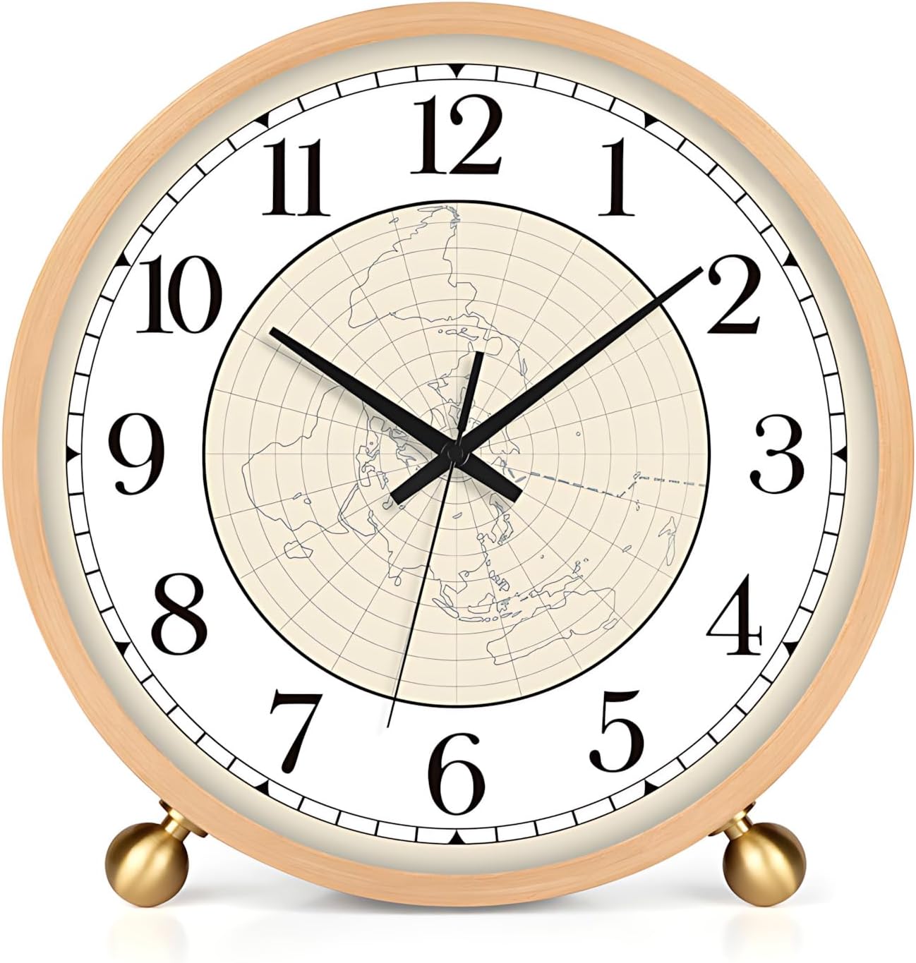 Maxspace Table Clock-8 Inch Silent Non-Ticking Wooden Timepiece Desk Clock, Battery Operated Decor Round Clock for Living Room Office Bedroom Decor (Log - Map)