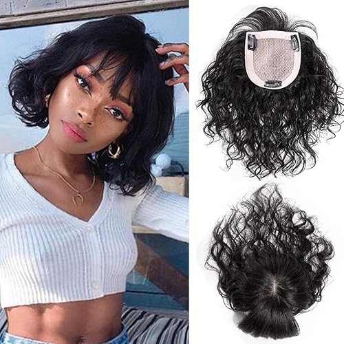 AiUree Parte superior de cabello rizado en forma de U hecha a mano, pieza de cabello humano ondulado, 100% cabello humano con flequillo, postizo