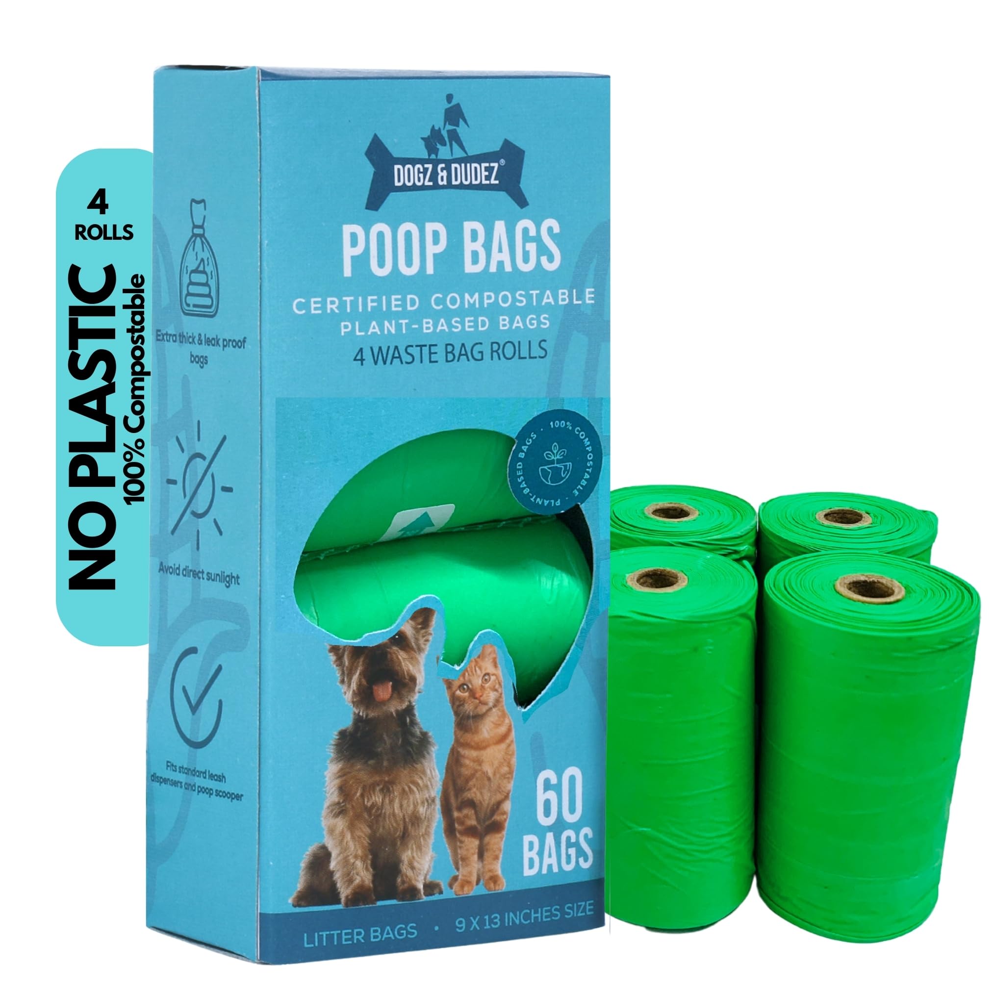 Dogz & Dudez Plastic Poop Bags for Dogs Biodegradabe - Eco-Friendly Dog Waste Bags - Fits Poop Scooper | with 60 Bags and Dispenser, Green