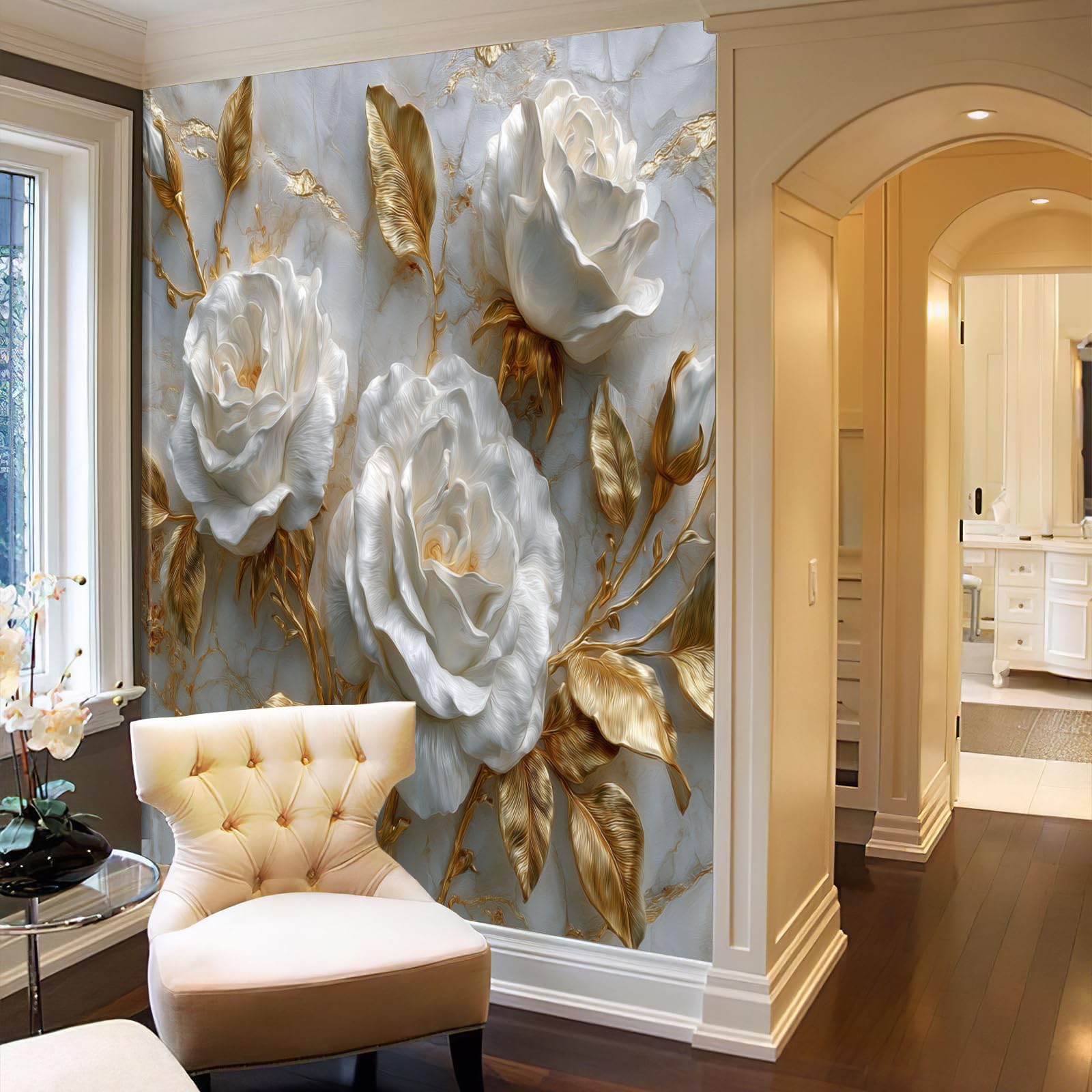 Lujo Ligero Al Estilo Europeo Papel Pintado Panorámico 400 x 280 cm Seda Rosa Lujo 3D Decoración para Niños Dormitorio Salón Mural Póster Grande, Oro