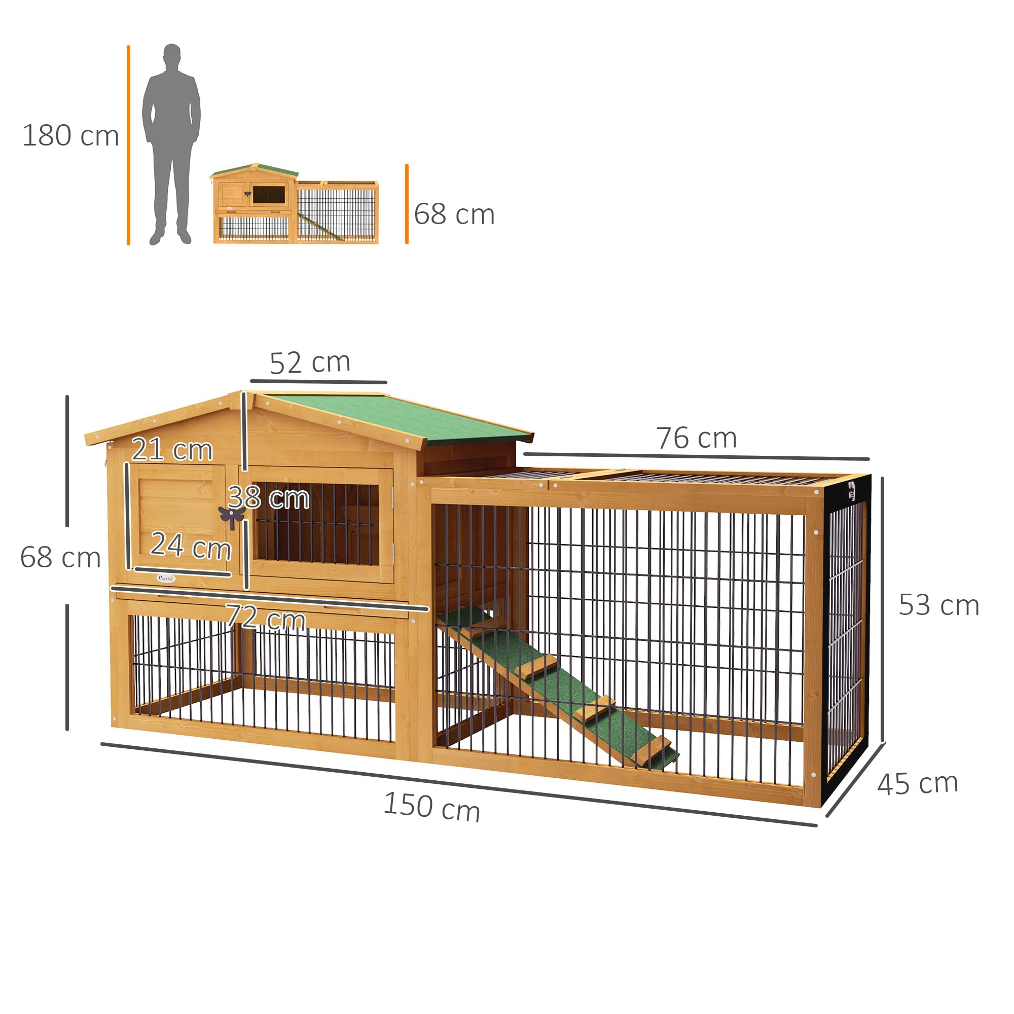 PawHut conejera conejera de 2 niveles de madera de abeto a prueba de invierno casa de dos pisos con recinto al aire libre rampa 150x52x68 cm jaula de conejo al aire libre conejera de animales pequeños