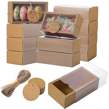 50 Sets 6.3 x 3.5 x 2 Inch Rectangle Kraft Drawer Boxes with Clear PET Windows Blank Round Tags and Jute String for Soap Jewelry Candy Gift Paper Wrapping Valentine Party Favor Treats (Kraft Color)