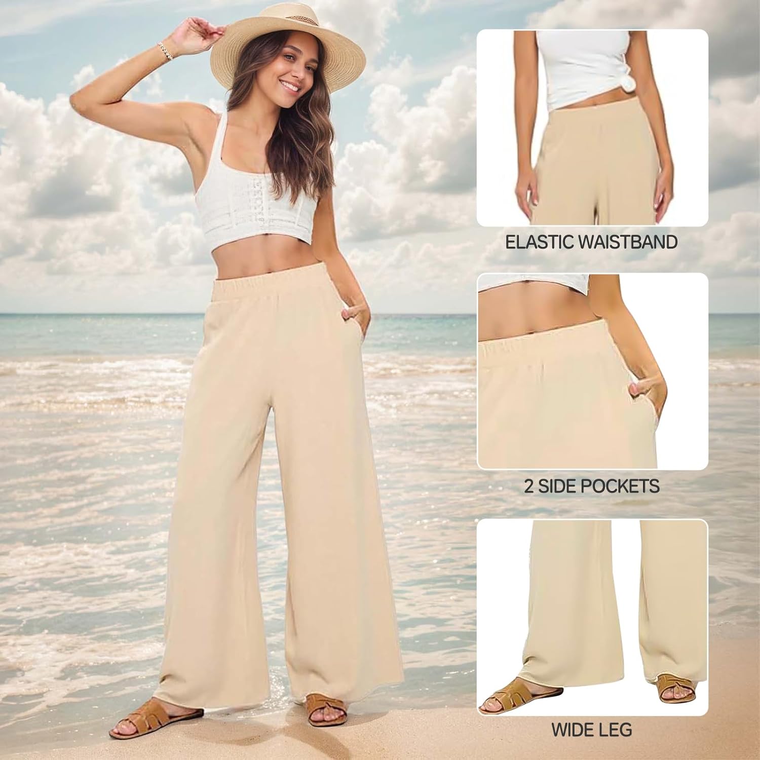 Women Wide Leg Linen Palazzo Pants Regular Waist Boho Flowy Pants with Pocket Travel Trousers - Made in USA - Image 6