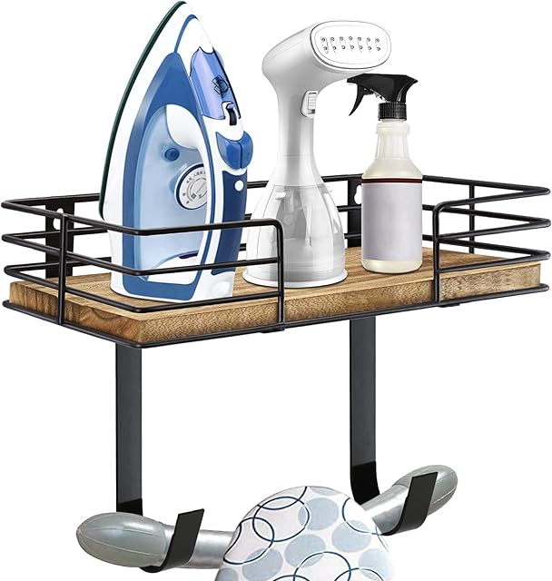 Ironing Board Hanger Rack Wall Mount, Iron and Ironing Board Holder with Storage Shelf, Iron Board Holder with Large Storage Basket and Removable Hooks for Laundry Room Decor and Accessories