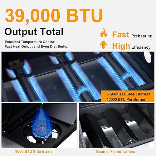 Miniatura 4 de Parrilla de gas propano de salida de 39000 BTU con quemador lateral y 3 quemadores principales, tapa de acero inoxidable de doble capa, rejillas