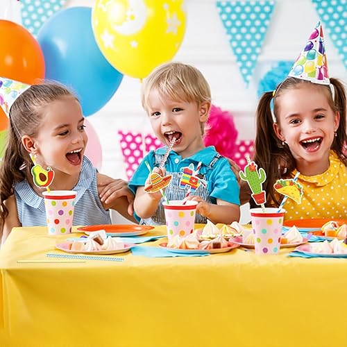 Miniatura 6 de WATINC 80 popotes de papel para fiesta, pajitas de papel a rayas de color arcoíris para decoración de fiestas temáticas mexicanas, suministros de