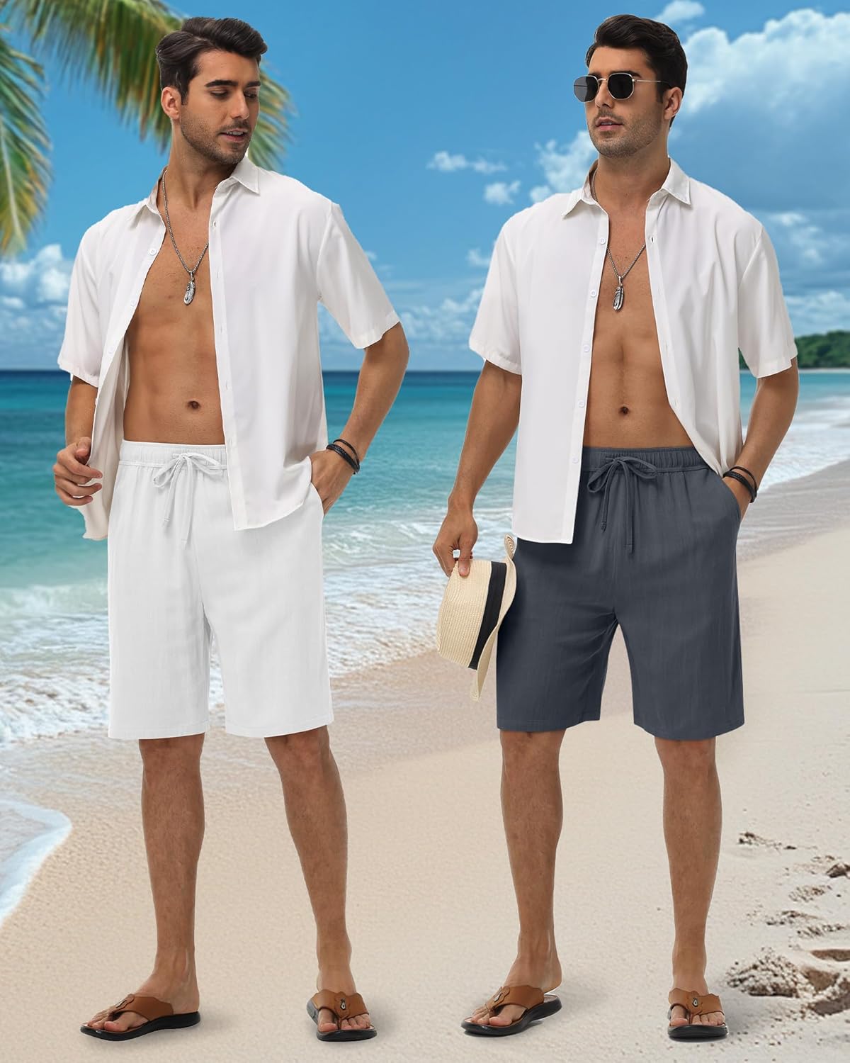 Neer 3 Pack Linen Shorts for Men Casual Beach Summer Lightweight Elastic Waist Drawstring with 3 Pockets - Image 3