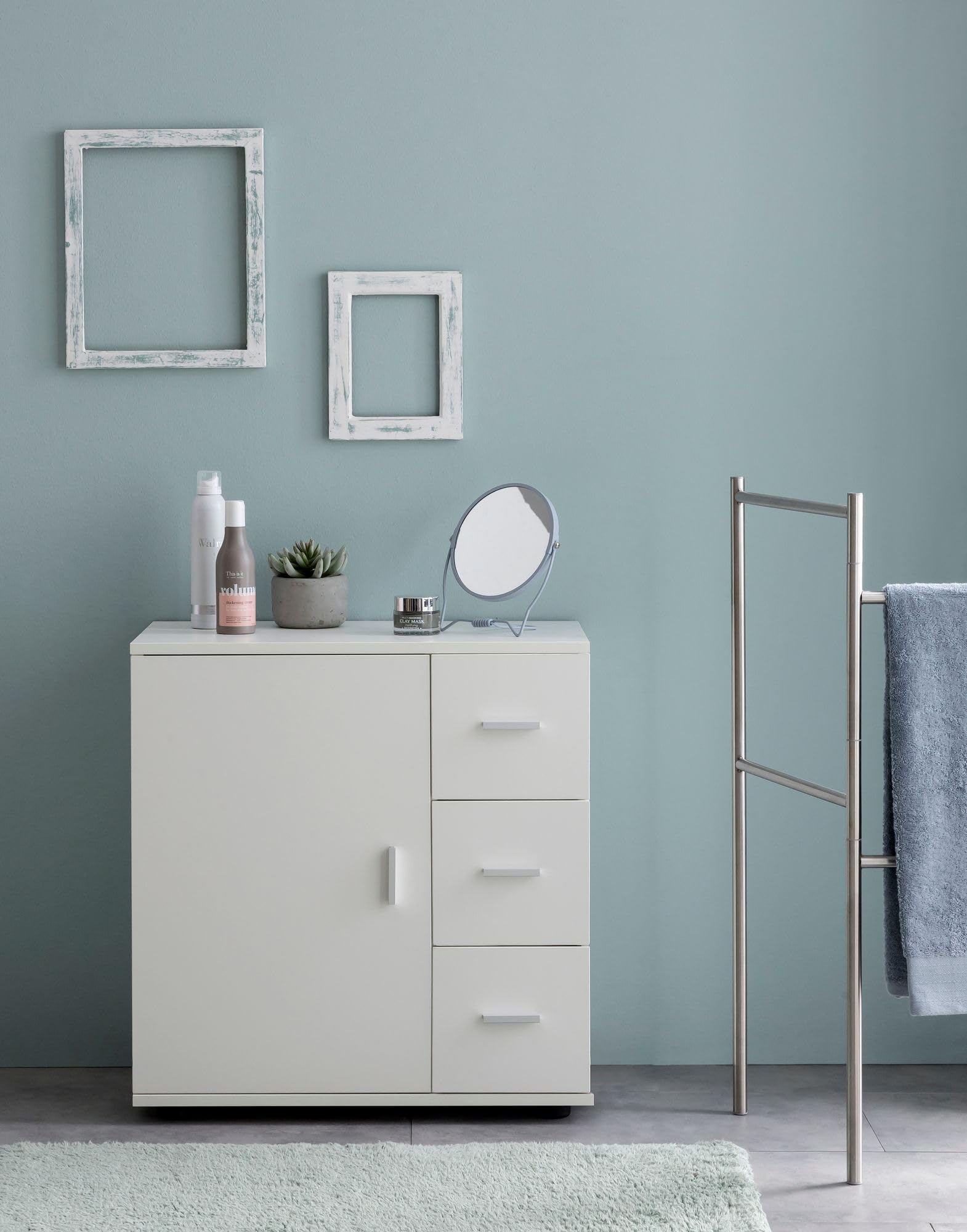 WOHNLING Mobile Bagno Midi 60x33x65,5 cm Bianco, Anta e Cassetti