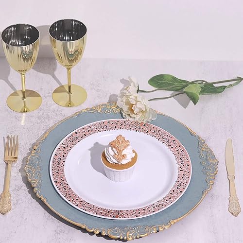 Vista 11 de Efavormart.com Efavormart - Paquete de 6 platos barrocos redondos de oro rosa transparente de 13 pulgadas, borde en relieve de hojas para decoración