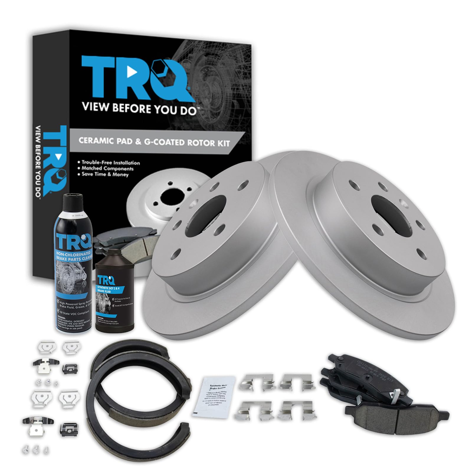 TRQ Rear Brake Pad &amp; Rotor Kit, with Chemical Kit Parking Brake Shoe Set Ceramic Premium G-Coated Compatible with 2006-2010 Cadillac DTS
