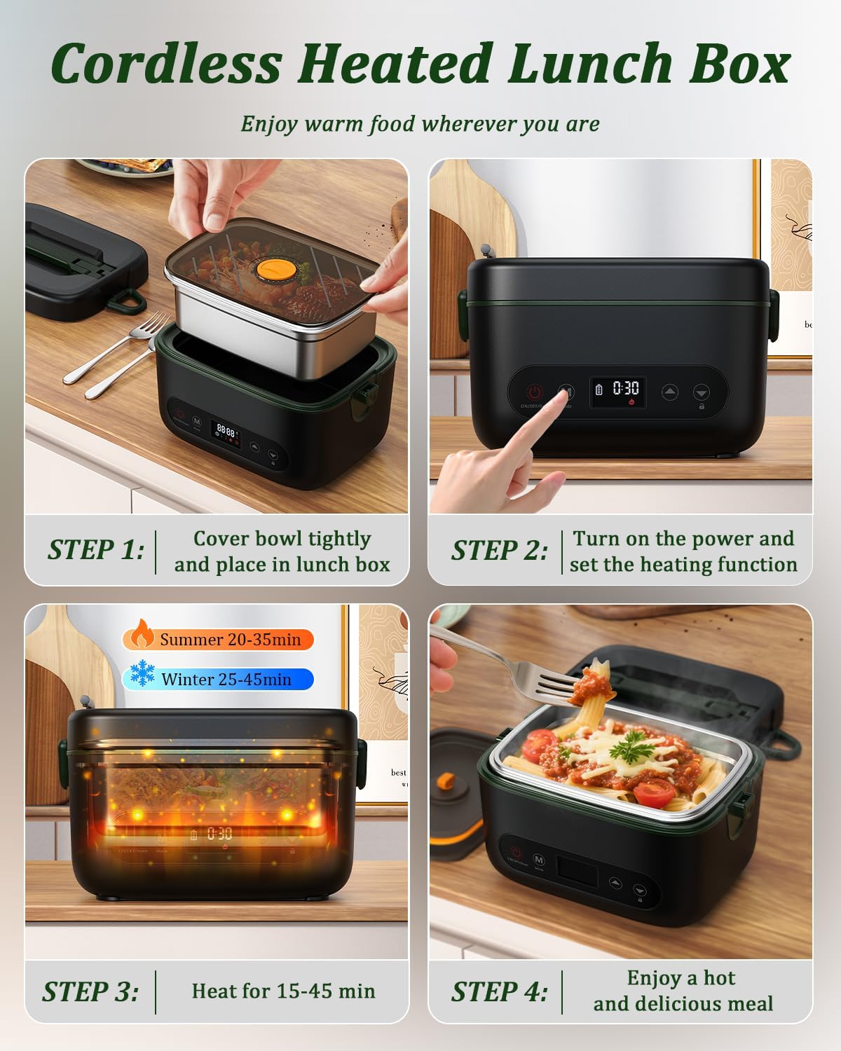 Cordless Electric Lunch Box, Battery Powered Heated Lunch Box, 1.2 Liter Food Insulated Lunchbox with Fork and Spoon Insulated Carrying Pouch for Office, Truck, Outdoors (Black+Green) - Image 3