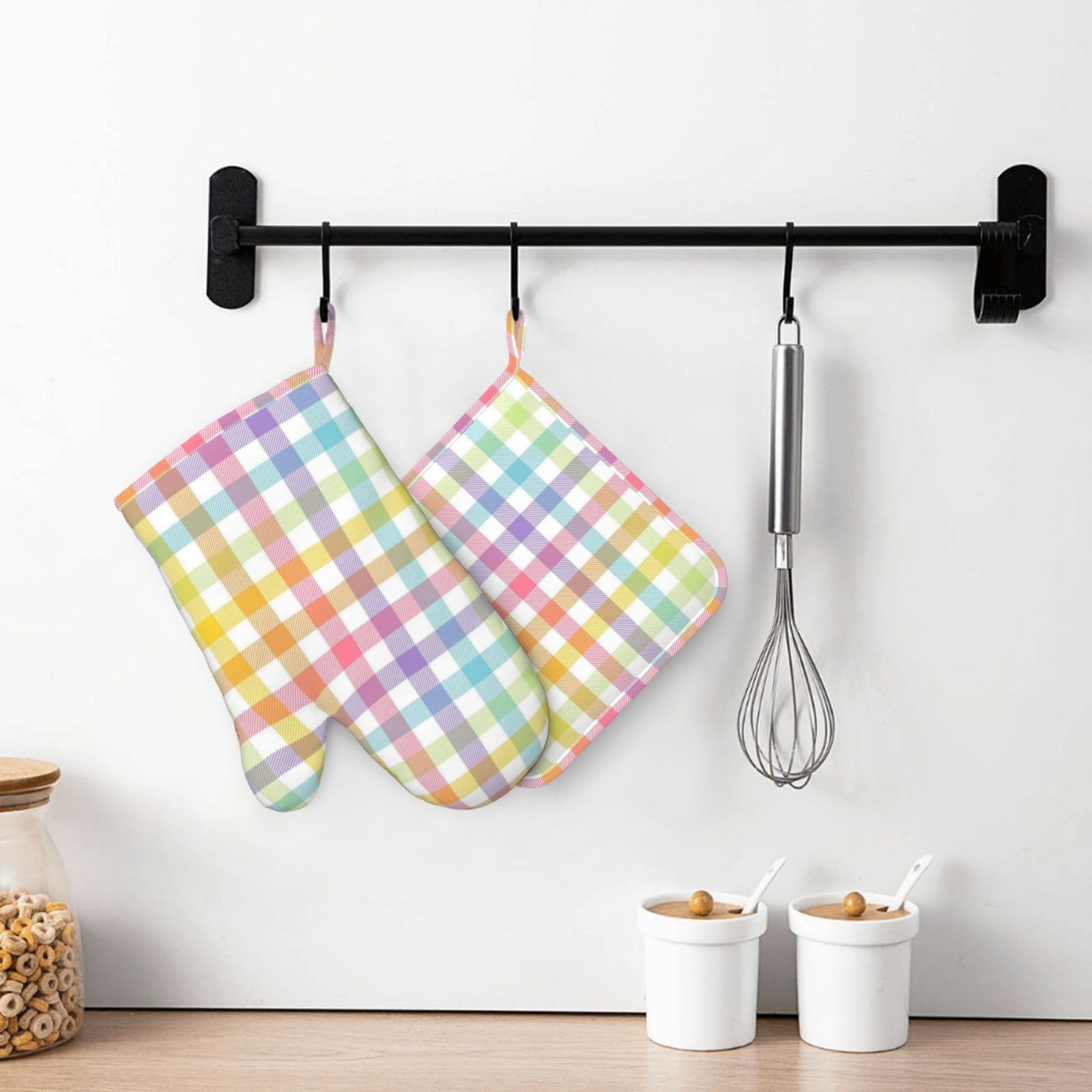 Juego de 4 manoplas de horno y soportes para ollas de cuadros de búfalo pastel, juego de 4 manoplas de horno y agarraderas de acuarela arcoíris, resistentes al calor, guantes de cocina rústicos para