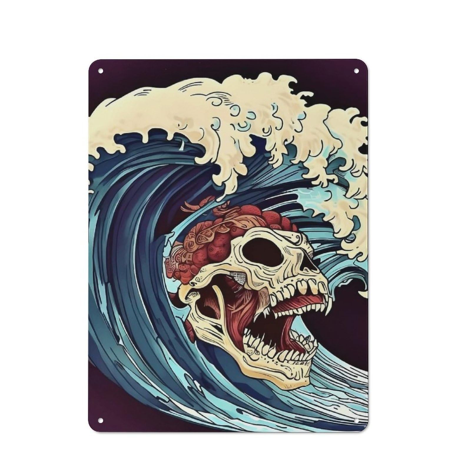 Junmoney A Skull In The Wave Tin Wall Sign With Design 40X30cm, Classic Diner Style Decor For Bakery, Diner, Cafe Or Family Room
