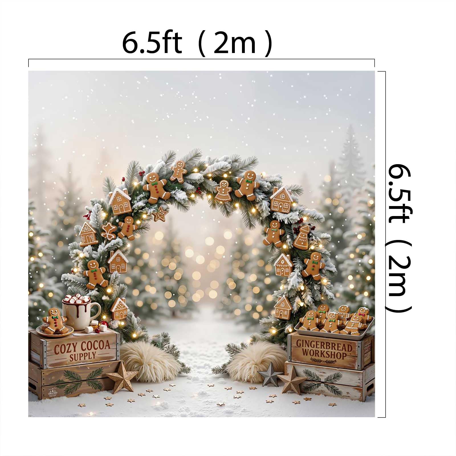 Sfondo fotografico natalizio Kate 2x2m/6.5x6.5piedi con arco di pan di zenzero natalizio cacao e alberi innevati ideale per compleanni di bambini e ritratti di famiglia
