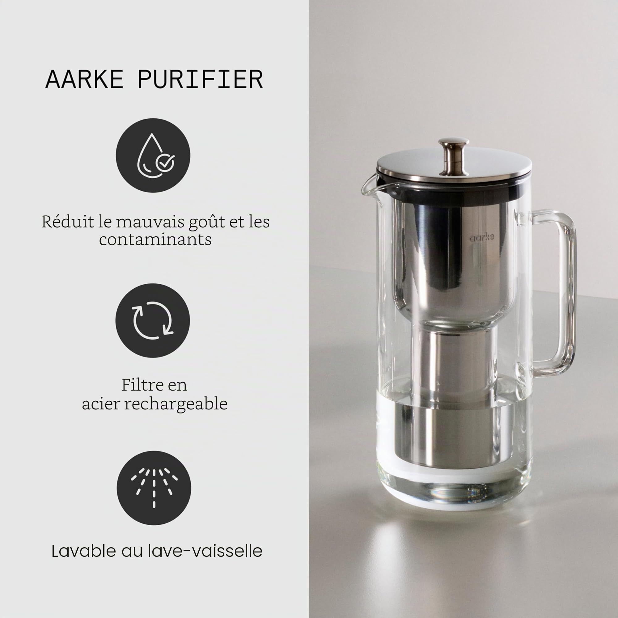 Aarke Purifier, carafe filtrante en verre et acier inoxydable (2,4 L / 10 tasses) + lot de 3 sacs de recharge de filtre Pure
