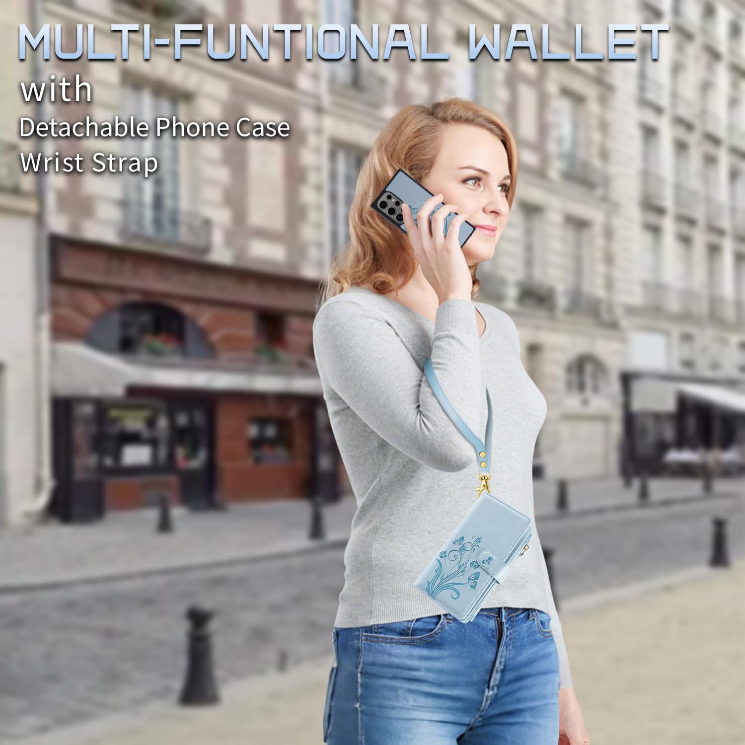 for Samsung Galaxy S24 Ultra Case Wallet,Compatible with MagSafe 2 in 1 Magnetic Detachable PU Leather RFID Blocking Wallet Cover Card Holder Zipper Wrist Strap Lanyard,Floral Sky Blue