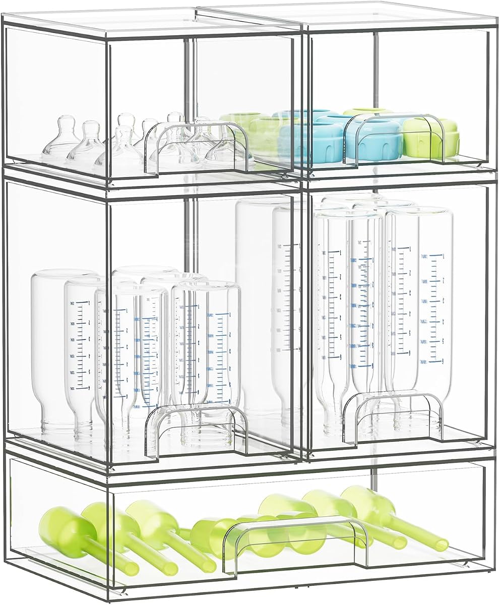 SpaceAid Bottle Storage Organizer Baby - Acrylic Bottles Station Organizer Container, Stackable Clear Drawers for Countertop, Vanity, Bathroom, Cabinet, Pantry Organization, 5 Pack, 2S2M1L, 15.4"H