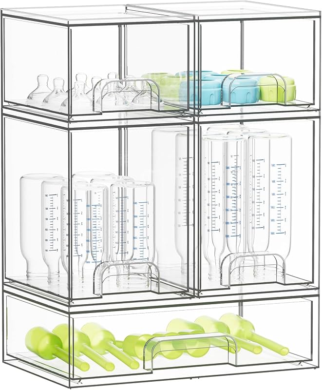 SpaceAid Bottle Storage Organizer Baby - Acrylic Bottles Station Organizer Container, Stackable Clear Drawers for Countertop, Vanity, Bathroom, Cabinet, Pantry Organization, 5 Pack, 2S2M1L, 15.4"H