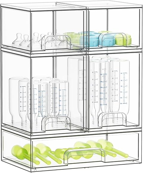 SpaceAid Bottle Storage Organizer Baby - Acrylic Bottles Station Organizer Container, Stackable Clear Drawers for Countertop, Vanity, Bathroom, Cabinet, Pantry Organization, 5 Pack, 2S2M1L, 15.4"H