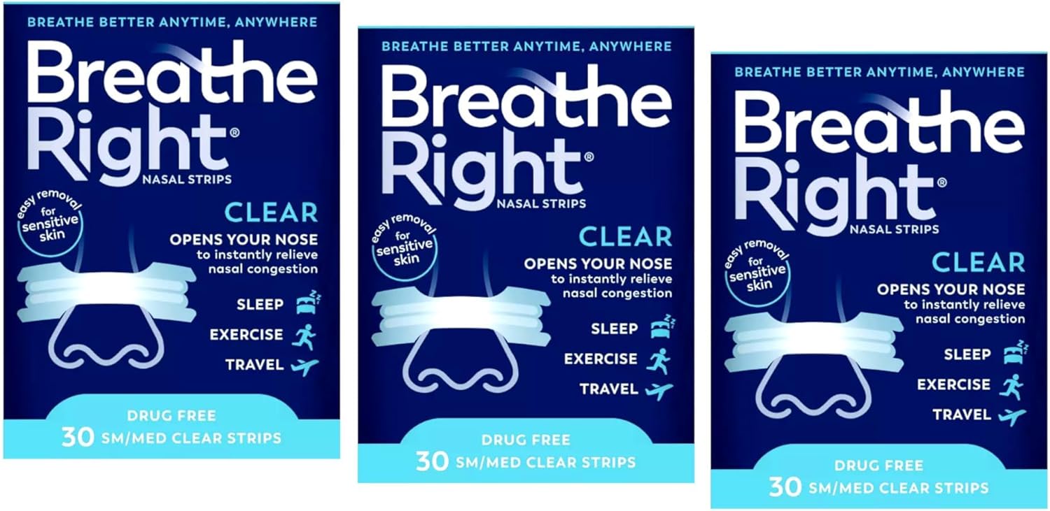 Breathe Right Nasal Strips - Clear - for Sensitive Skin - Sm/Med Clear Strips - 30 Count Strips Per Box - Pack of 3