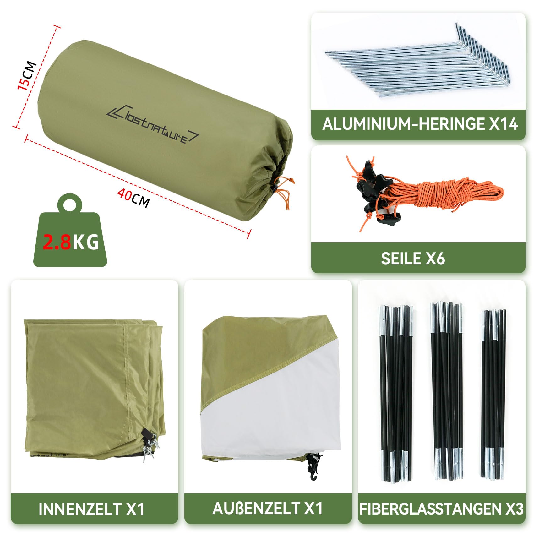 Clostnature Camping Zelt 2 Personen - 2 Mann Zelt Wasserdicht mit Vorraum, Leicht und Kompakt mit kleinem Packmaß, 3-4 Saison Doppelwandig Campingzelt für Outdoor-Abenteuer, Kuppelzelt mit Moskitonetz