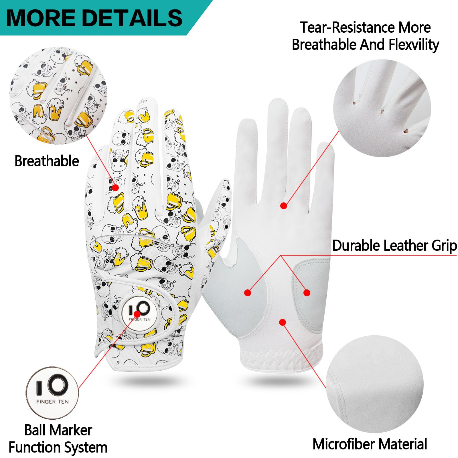 FINGER TEN Golf Gloves Men Left Hand Cabretta Leather with Ball Marker All Weather Soft Relaxgrip Value 2 Pack - Image 2