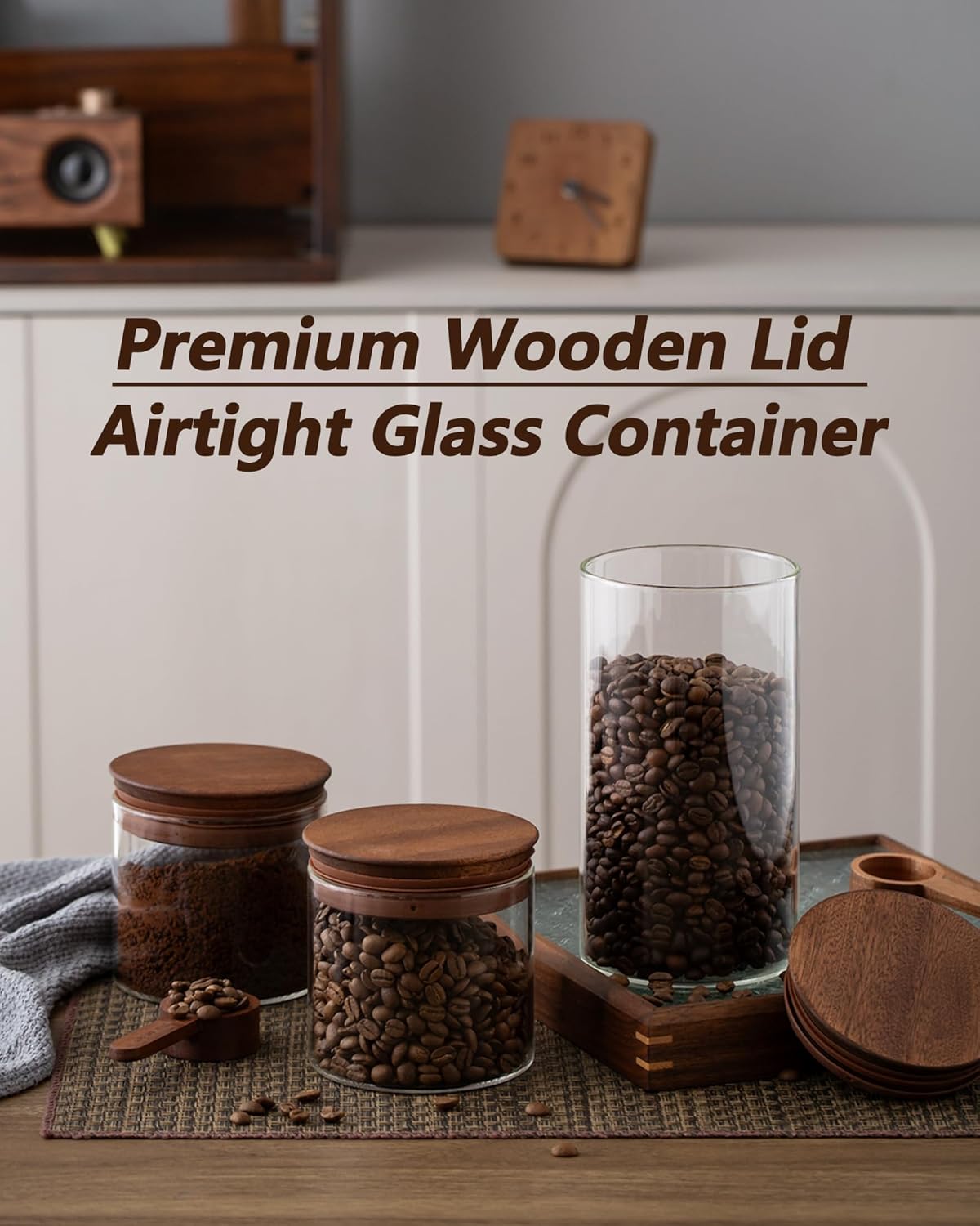 Glass Coffee Canister - Kitchen Coffee Container Set of 4 hold 12 oz/2 lb of Coffee Bean Airtight Food Storge Jars for Ground Coffee Bar Cereal Snack with Wooden Lids and Scoop - 500ml/1100ml