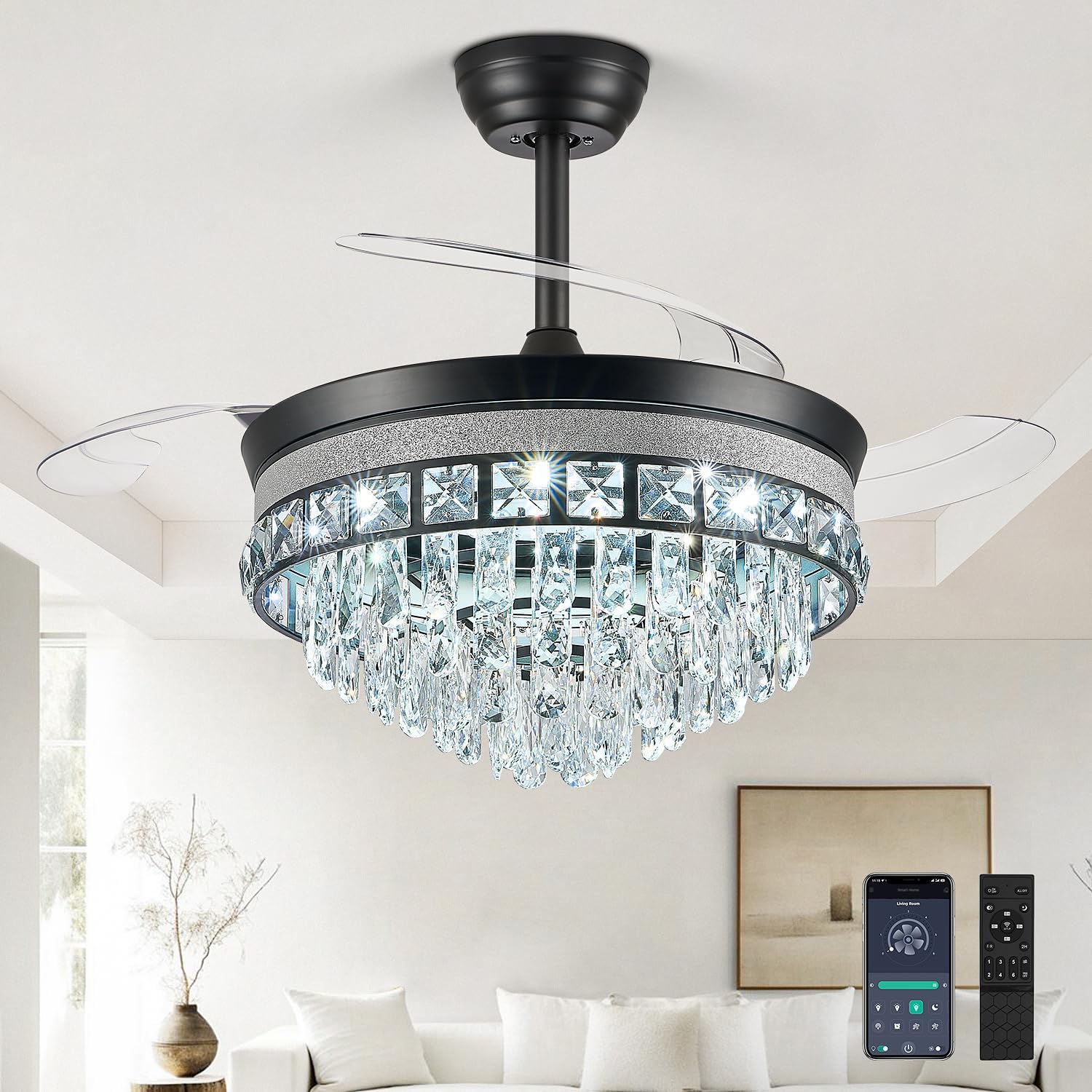 42 Fandelier Ceiling Fan with Light, Retractable Ceiling Fan with Lights, Crystal Ceiling Fans for Bedroom Living Room, LED Dimmable, 6 Wind Speed, 3 Color Temperatures -Black