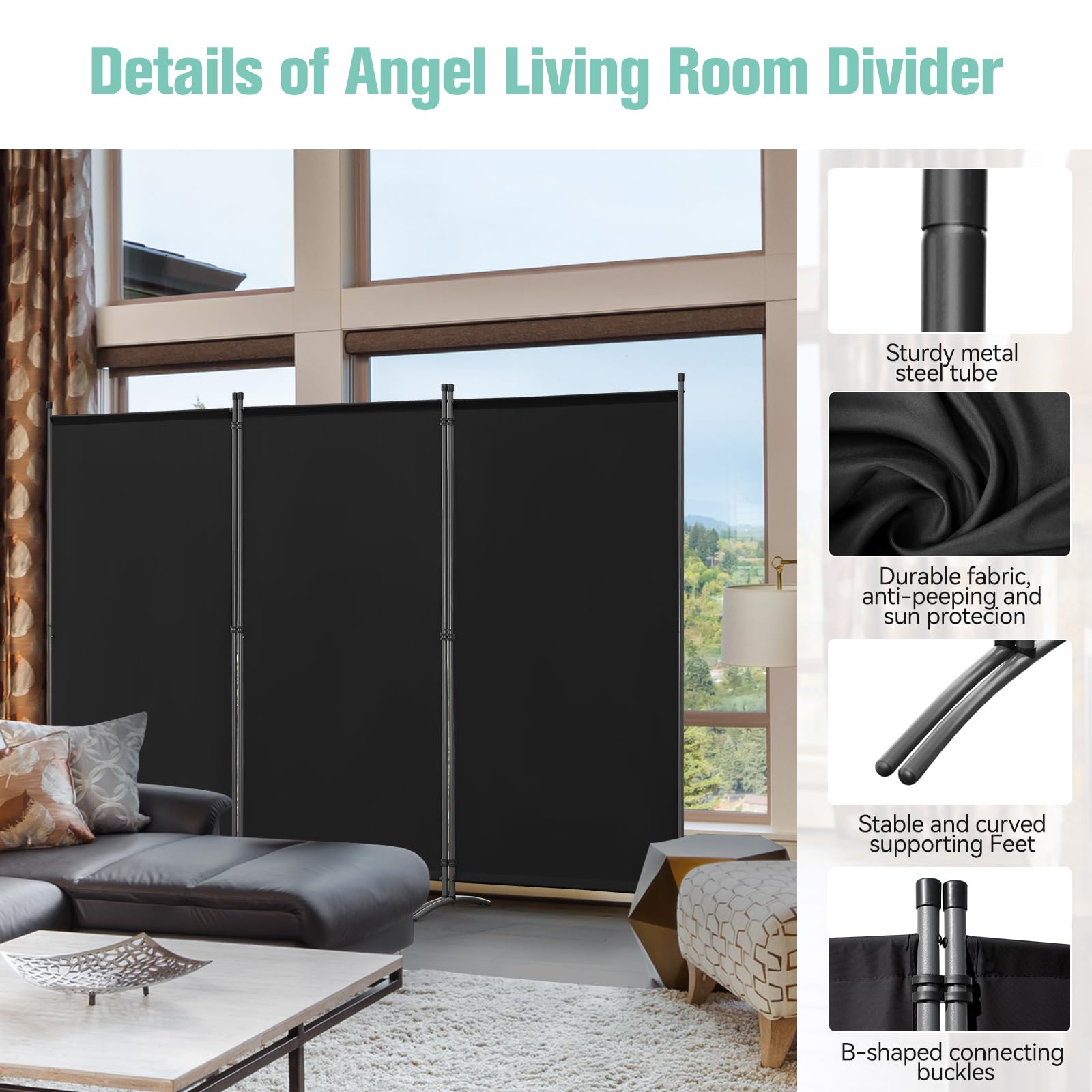 Angel Living Paravent de Protection à 3 Panneaux, séparateur de pièce Pliable pour Salon, Jardin, extérieur (Noir, 243 x 169 cm)