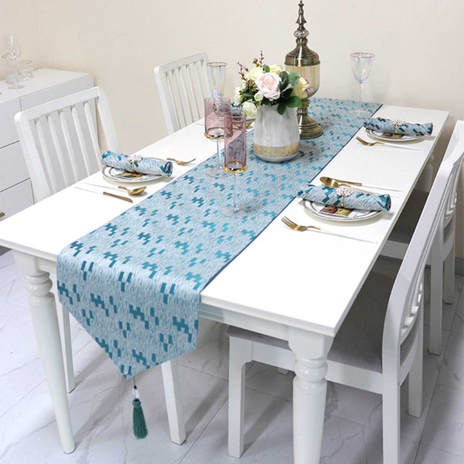 Epinki Tischläufer Wohnzimmer, Baumwolle Tischläufer Fleckschutz Quaste Dreieck Geometrisch Muster, Tisch Läufer für Picknick Party Küche Hochzeit (Grün, 35x183 cm)