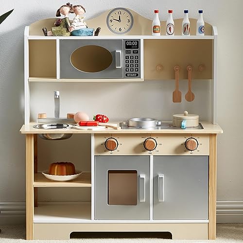 Juego de cocina, juego de cocina de juguete de madera para niños, juego de cocina de simulación, juego de cocina para niños y niñas de 1 a 3 años