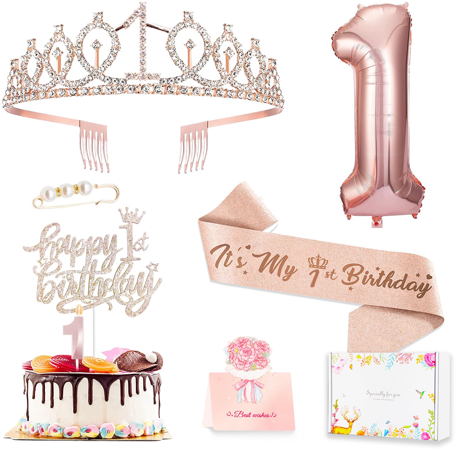 1st Birthday Decorations for Baby Girls, Including 1 year old Birthday Cake Topper, Queen Sash with Pearl Pin, Sweet Rhinestone Tiara Crown, Number Candles and Balloons