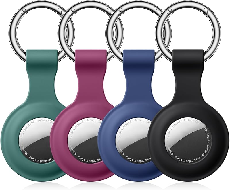 Kit com 4 capas de silicone para Apple AirTag com argola de chaveiro Beydoa — preto, vermelho, verde-pinho e magenta