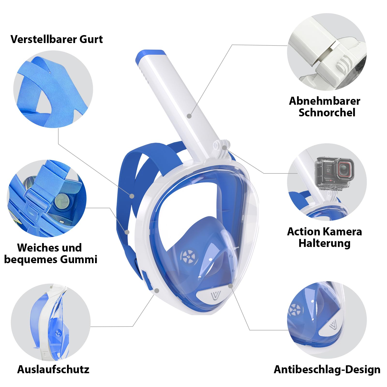 Vitare Schnorchelmaske für Erwachsene und Kinder, Tauchmaske Vollgesichtsmaske, 180° Panorama Taucherbrille mit Schnorchel, Schnorchelset mit Kamera Clip, Antibeschlag Tauchmaske Ganzes Gesicht