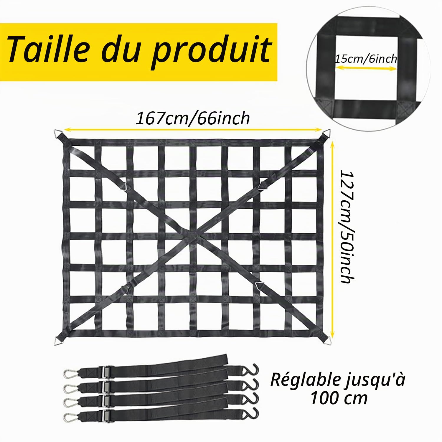 Filet à Bagages pour Pick-Up, Filet Remorque, Filet de Fret Réglable Filet de Chargement Organisateur pour Hayon, Camion, Remorque, avec 4 Sangles Fixes, 167 Cm x 127 Cm