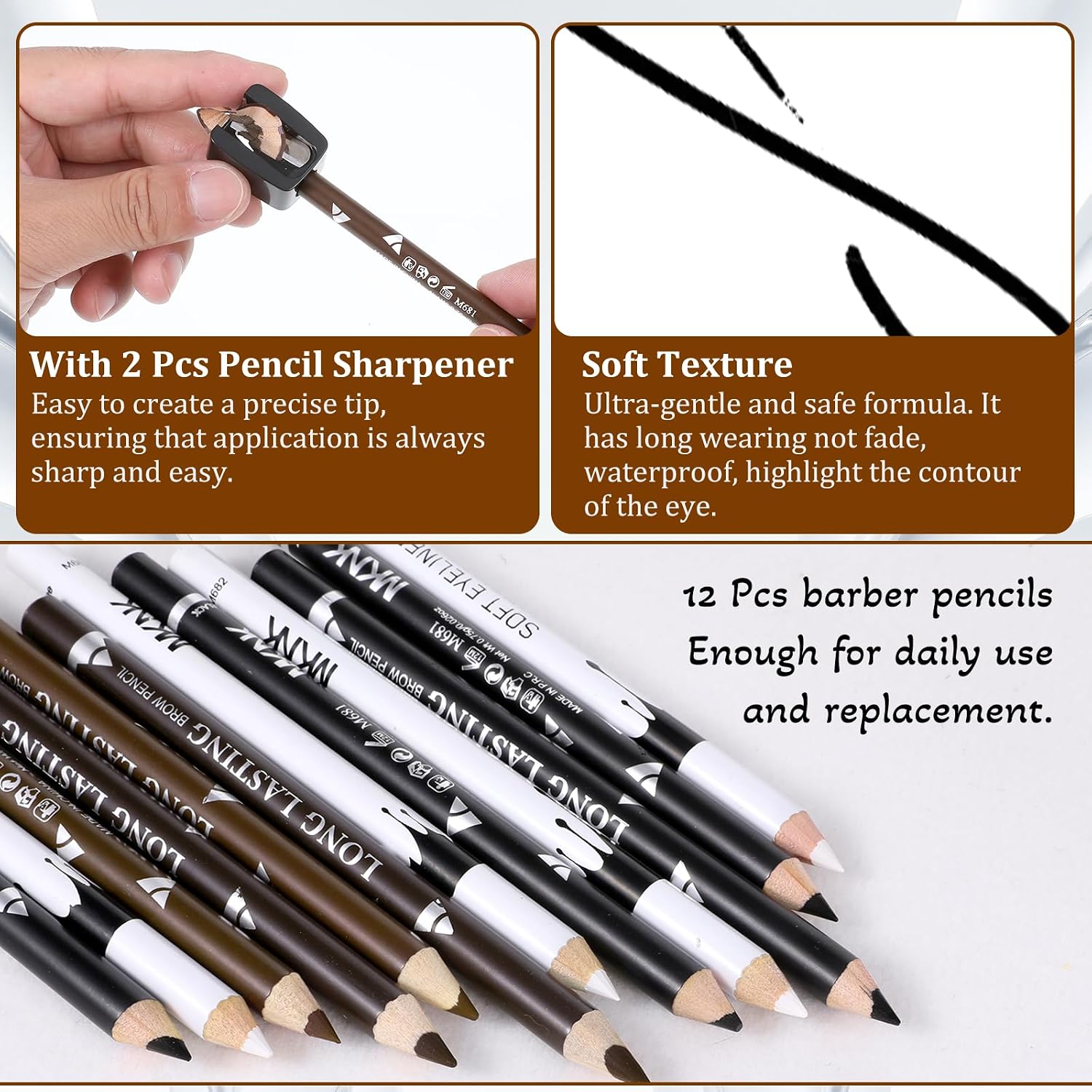 12Pcs Barber Pencil with 2 Sharpeners, Hairline Pencil & Barber Pencils for Lineup, Professional Beard Shaping Guide Pen for Men (White+Black+Dark Brown+Light Brown)